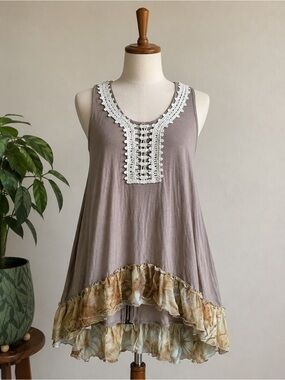 Scrapbook Taupe Tank with White Crochet Yoke & Floral Ruffle
